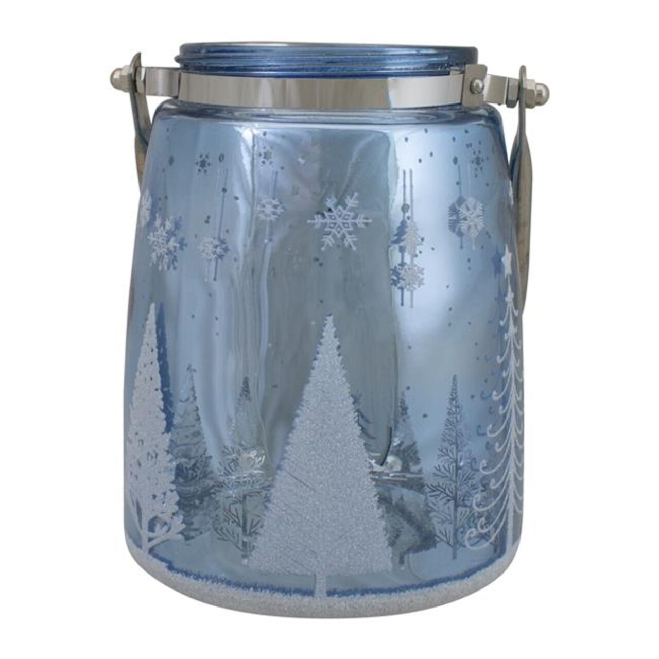 NorthLight 34343696 6.25 in. Shiny Winter Forest &#x26; Snowflake Christmas Flameless Candle Lantern, Blue &#x26; Silver